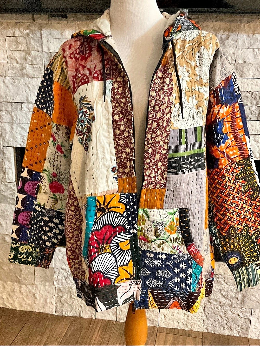 Raj Kantha Patchwork Hooded Jacket Multicolor NWT Size L